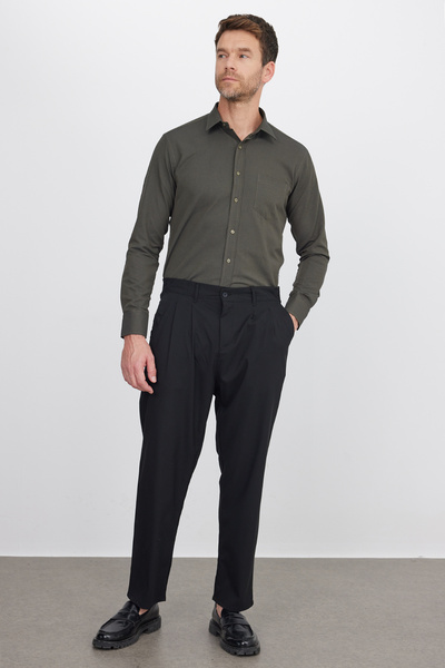 Tudors Erkek Regular Fit Klasik Kesim Pamuklu Tek Cepli Armürlü Haki Gömlek