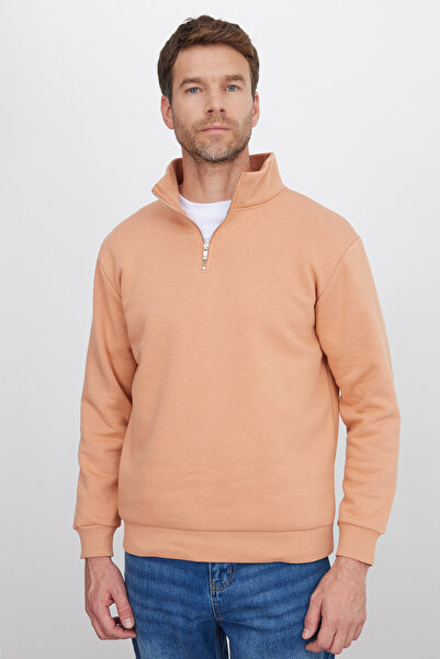 Tudors Unisex Relax Fit Rahat Kesim Pamuklu İçi Polarlı Yarım Fermuarlı Yavruağzı Dik Yaka Sweatshirt