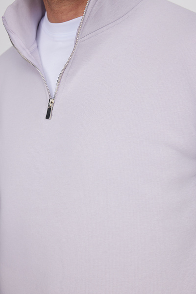 Tudors Φούτερ Unisex Relax Fit Άνετο Κομμένο Βαμβακερό Φλις με μισό φερμουάρ και όρθιο γιακά σε λιλά χρώμα