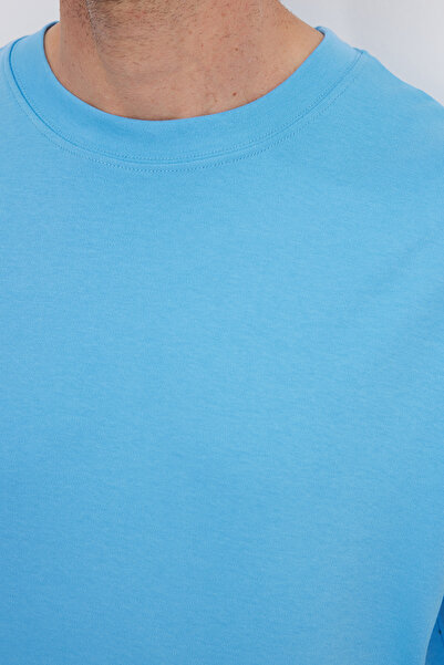 Tudors Unisex Oversize Wide Cut 100% Cotton Soft Textured Basic Crew Neck Blue T-Shirt