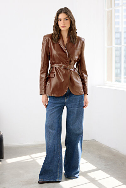 Trendyol Collection Brown Belted Double Breasted Closure Faux Leather Woven Blazer Jacket Twoaw26Bc00002