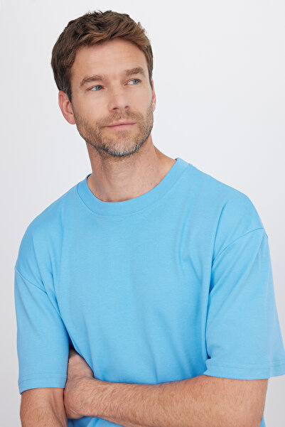 Tudors Unisex Oversize Wide Cut 100% Cotton Soft Textured Basic Crew Neck Blue T-Shirt