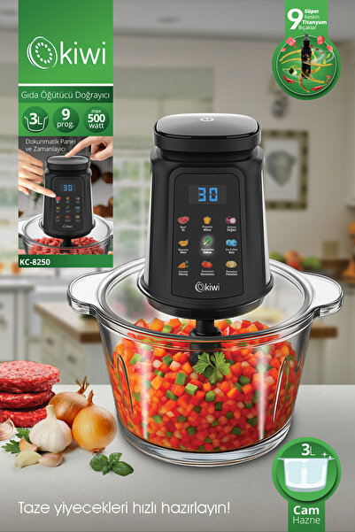 Kiwi KC-8250 Gıda Öğütücü Doğrayıcı | 500W Güçlü Motor&3L Cam Kase &9 Titanyum Bıçaklı & Dokunmatik Ekran