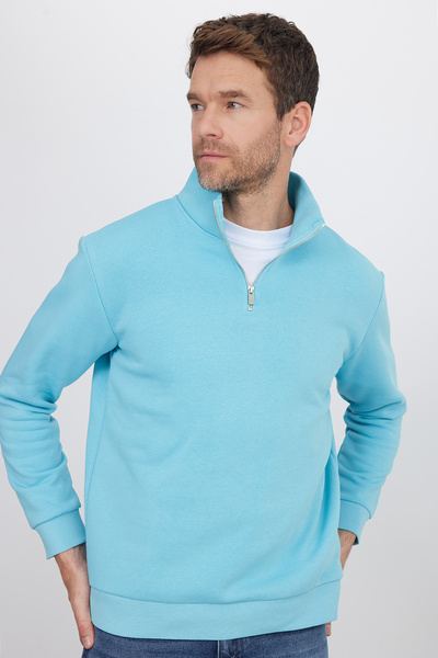 Tudors Φούτερ Unisex Relax Fit Άνετο Κομμένο Βαμβακερό Φλις με μισό φερμουάρ Ανοιχτό Μπλε Φούτερ με όρθιο γιακά