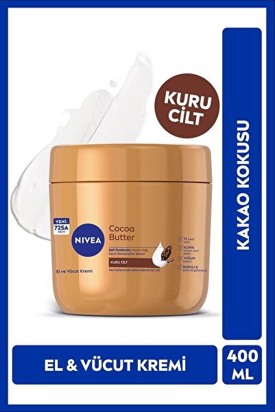 NIVEA Cocoa Butter El Ve Vücut Bakım Kremi 400ml, Kuru Ciltler için 72 Saat Nemlendirici, Saf Hyaluron
