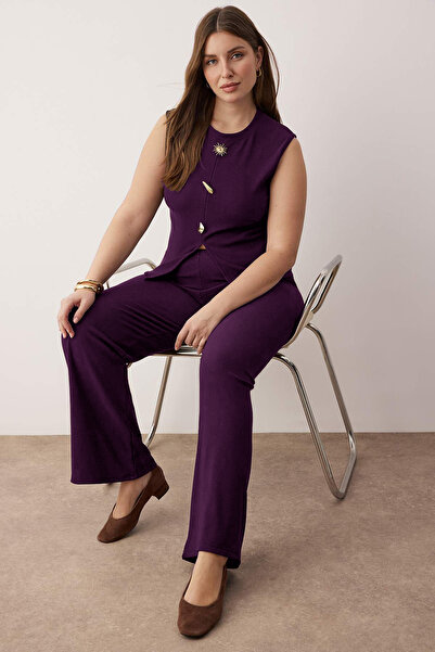 Trendyol Curve Plum Crew Neck Button Detailed Knitted Plus Size Bottom - Top Set Tbbaw26Cp00015