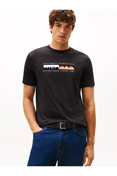 Tommy Hilfiger Ανδρικό μαύρο μπλουζάκι Tommy Hilfiger με κοντό μανίκι και στρογγυλή λαιμόκοψη