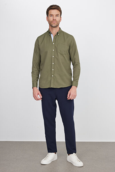 Tudors Men's Regular Fit Classic Cut Button Collar Cotton Easy Ironing Oxford Solid Khaki Shirt