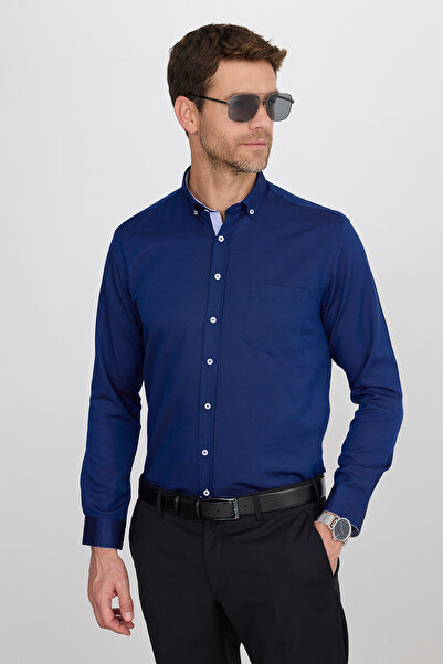 Tudors Klasik Fit Uzun Kollu Düğmeli Yaka Pamuklu Kolay Ütü Oxford Düz Erkek Gömlek