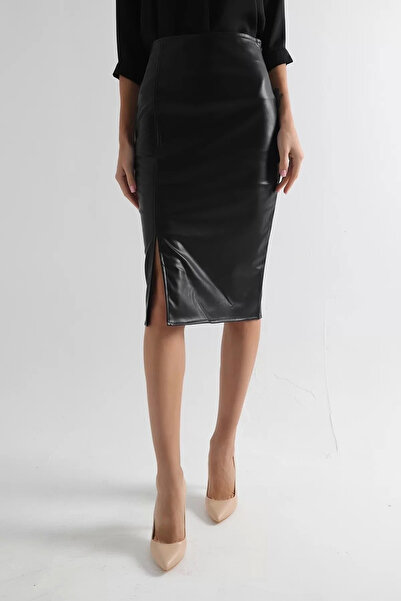 JellyBon Dámská černá kožená tužková sukně