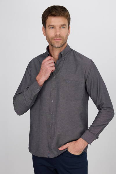 Tudors Чоловіча класична сорочка з довгими рукавами з бавовняної тканини оксфорд, з однією кишенею, чорна, з ґудзиковим коміром