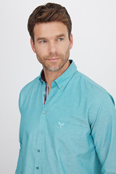 Tudors Men's Classic Fit - Cotton Texture, Single Pocket, Turquoise Button Collar Long Sleeve Shirt