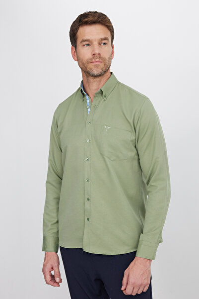 Tudors Klasik Fit Uzun Kollu Düğmeli Yaka Pamuklu Kolay Ütü Oxford Düz Erkek Gömlek