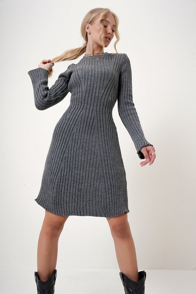 Trend Alaçatı Stili Ανθρακί Πλεκτό Φόρεμα - Crew Neck, ALC-X12748