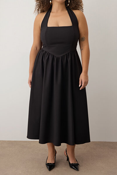 Trendyol Curve Black Square Neck Skater Midi Finike Woven Plus Size Dress Tbbss25Ah00255