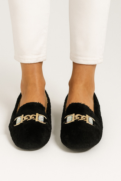 Beyond Women's Black Plush Home Slippers with Stone Accessories Byndvt02