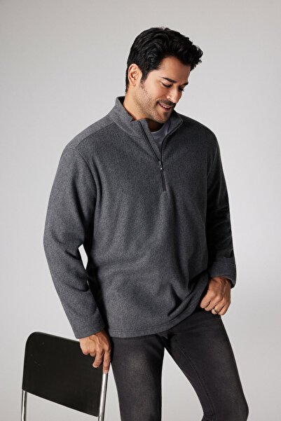 AC&Co / Altınyıldız Classics Pánská antracitová mikina se stojatým límcem, odolná proti žmolkování, nežmolkující bez žmolků, fleecová mikina odolná proti chladu