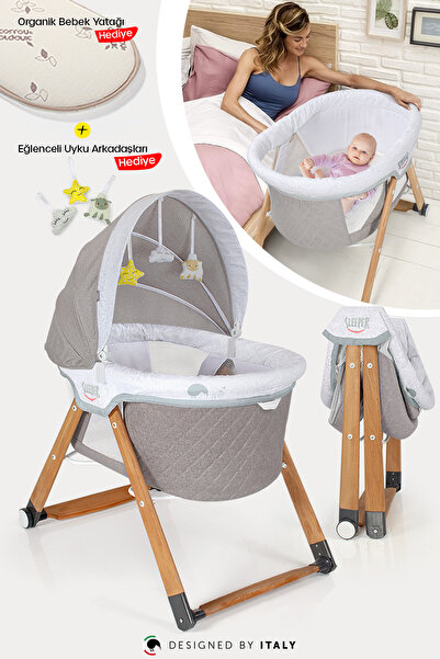 Kiwi Sleeper Anne Yanı Reflü Ayarlı Park Yatak Tekerli Katlanır Ahşap Beşik- ...