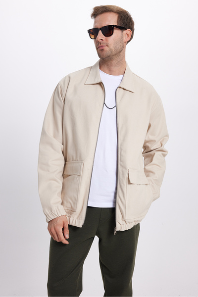 Tudors Men's Relax Fit Comfortable Cut Double Pocket Flap Zippered Elastic Waist Plain Beige Jacket Coat Shirt