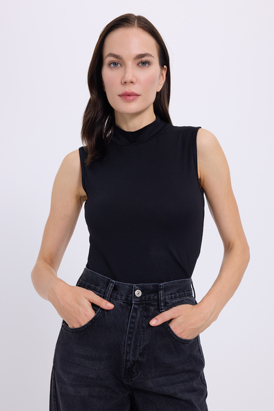 Tudors Women's Standard Fit Regular Cut Zero Sleeve Half Turtleneck Black Blouse