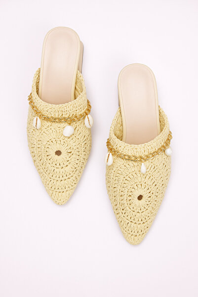 TRENDYOL SHOES Beige Knitted Mule Women's 3 cm Short Block Heeled Closed Front Slippers Takss25To00060