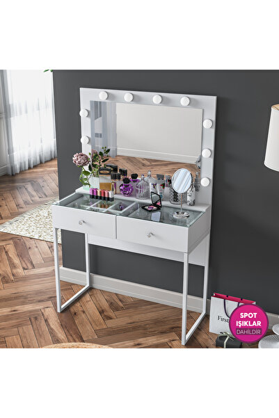 Rani Mobilya Rani BJ146 Hollywood Işıklı Aynalı Kulis Makyaj Masası 2 Çekmeceli Takı Düzenleyici Beyaz