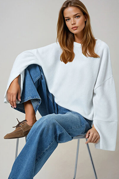 Trend Alaçatı Stili بلوزة نسائية إكرو ياقة مرتفعة متوسطة الطول بأكمام خفاشية ...