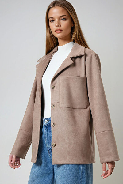 Trend Alaçatı Stili Women's Mink Single Pocket Stitching Detailed Faux Suede Jacket Alc-X14404