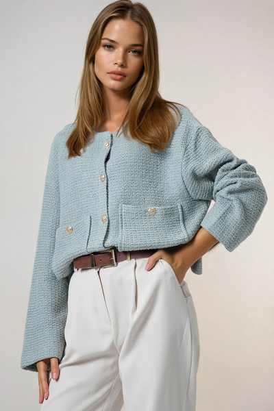 Trend Alaçatı Stili Wassergrüne Damen-Strickjacke mit zwei Taschen und goldenen Knöpfen, ALC-X14671