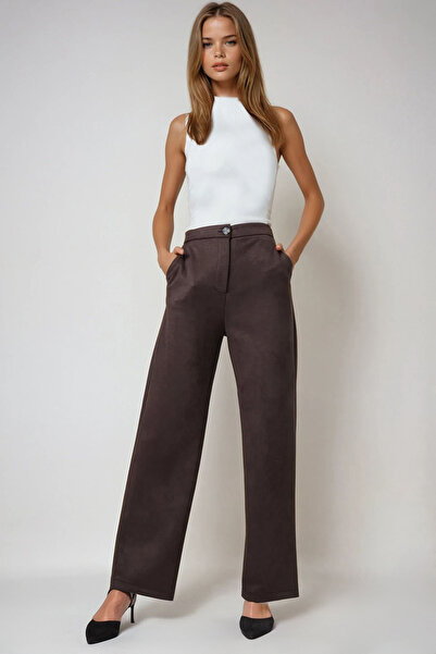 Trend Alaçatı Stili Women's Bitter Brown Double Pocket Elastic Waist Faux Suede Palazzo Pants Alc-X14406