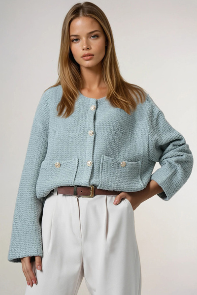 Trend Alaçatı Stili Wassergrüne Damen-Strickjacke mit zwei Taschen und goldenen Knöpfen, ALC-X14671