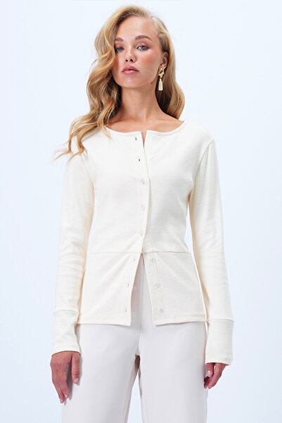 Trend Alaçatı Stili Women's Ecru Wide Cuff Stitching Detail Button Front Ribbed Knit Blouse Alc-X14400