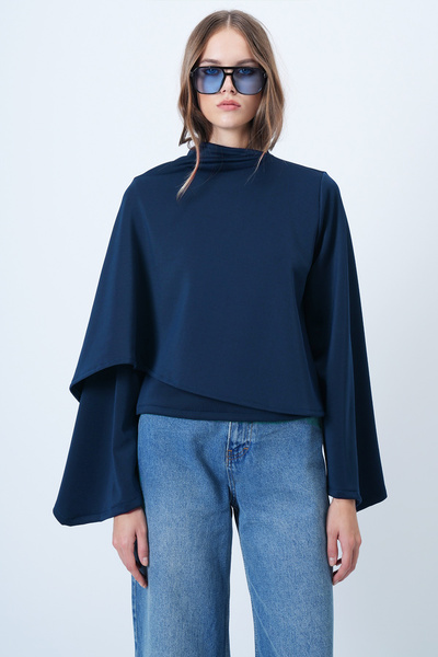 Trend Alaçatı Stili Women's Light Navy Crew Neck Self-Shawl Detailed Wide Cut Design Blouse Alc-X14420
