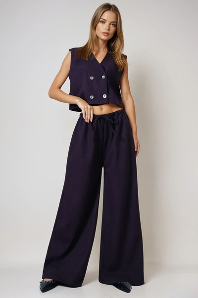 Trend Alaçatı Stili Women's Plum Gold Buttoned Cashmere Vest and Double Pocket Pants Set Alc-X14677