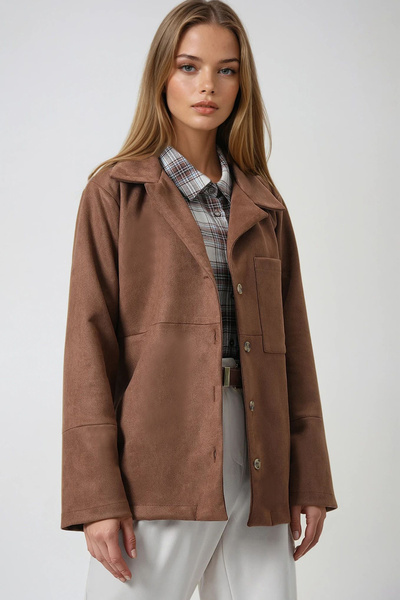 Trend Alaçatı Stili Women's Cinnamon Brown Single Pocket Stitching Detail Faux Suede Jacket Alc-X14404