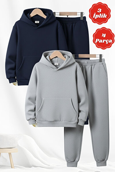 FYK KİDS 3 Thread Ş Fleece-Lined Thick Plain Unprinted Kangaroo Pocket K Hood...