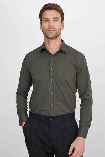 Tudors Erkek Regular Fit Klasik Kesim Pamuklu Tek Cepli Armürlü Haki Gömlek