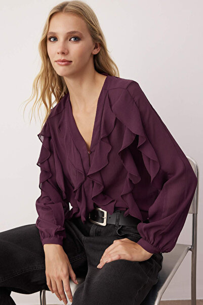 Trendyol Collection Cămașă boemă cu volan burgundy TWOAW26GO00045