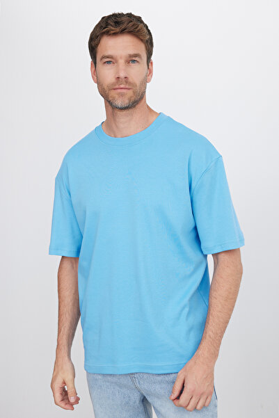 Tudors Unisex Oversize Wide Cut 100% Cotton Soft Textured Basic Crew Neck Blue T-Shirt