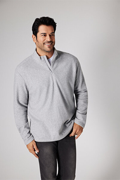 AC&Co / Altınyıldız Classics Erkek Gri Anti-pilling Tüylenme Yapmayan Standart Fit Dik Bato Yaka Soğuk Geçirmez Polar Sweatshirt