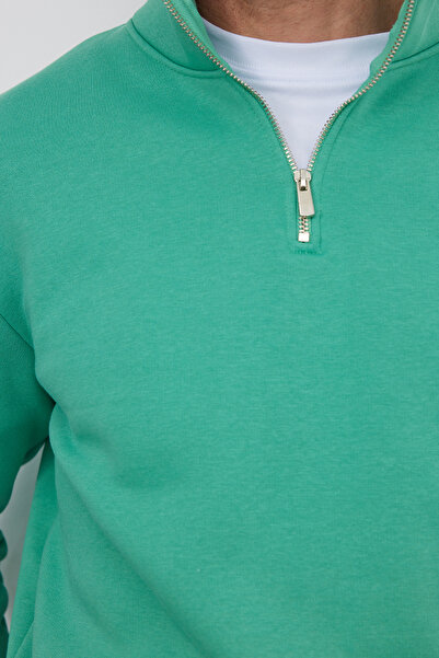 Tudors Unisex relax fit comfortable cut cotton fleece lined half zip green high neck sweatshirt