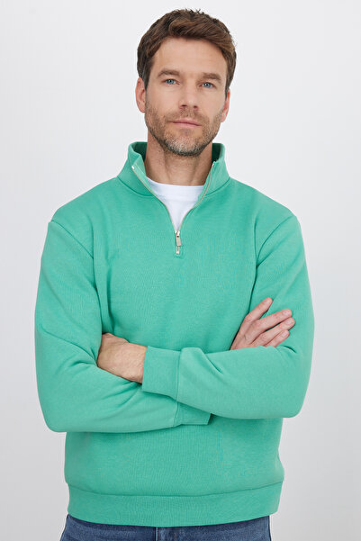 Tudors Unisex relax fit comfortable cut cotton fleece lined half zip green high neck sweatshirt