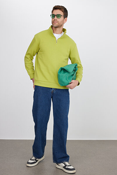 Tudors Unisex relax fit comfortable cut cotton fleece lined half zip green high neck sweatshirt