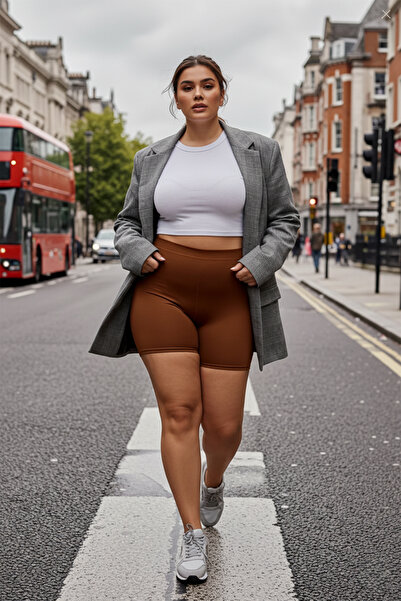 Trendyol Curve Καφέ-καφέ κοντό πλεκτό κολάν ψηλόμεσο μεγάλου μεγέθους TBBSS23BV00001