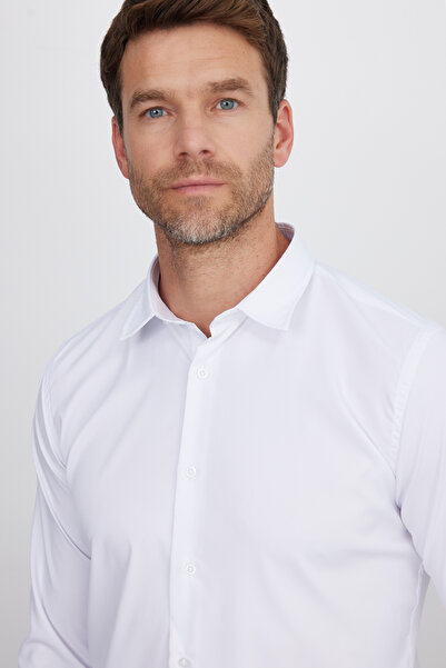 Tudors Λευκό Lycra Slim Fit Ανδρικό πουκάμισο - Μακρυμάνικο, Μασίφ Stretch