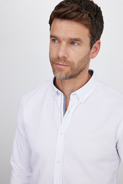 Tudors Тънка памучна плътна мъжка риза с дълги ръкави и яка с копчета за лесно гладене