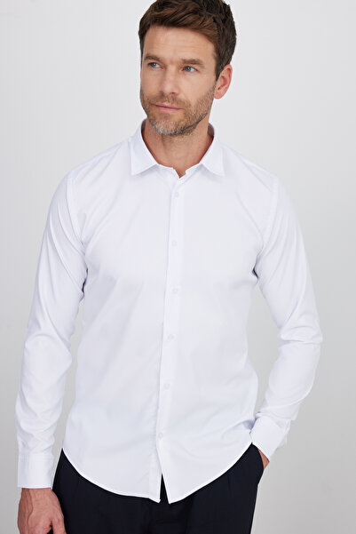 Tudors Λευκό Lycra Slim Fit Ανδρικό πουκάμισο - Μακρυμάνικο, Μασίφ Stretch