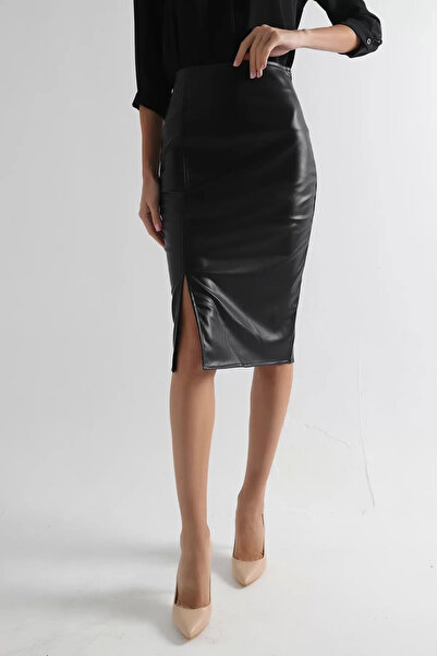 JellyBon Dámská černá kožená tužková sukně