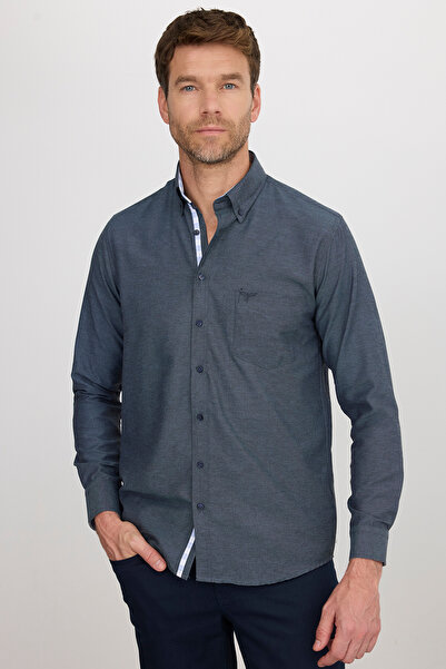 Tudors Cămașă pentru bărbați, cu croială obișnuită, din bumbac, cu textura Oxford, cu un singur buzunar, cu guler cu nasturi indigo