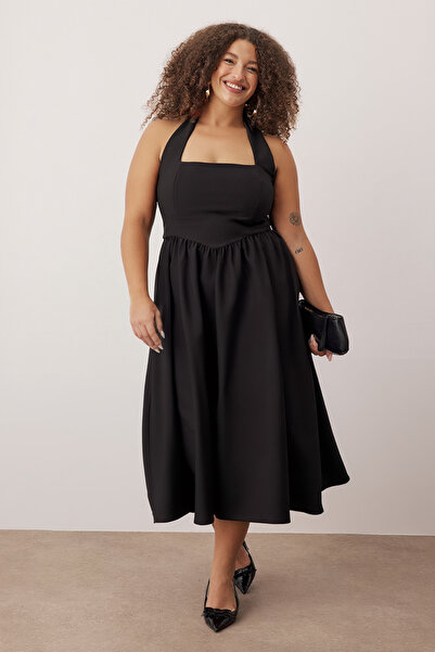Trendyol Curve Black Square Neck Skater Midi Finike Woven Plus Size Dress Tbbss25Ah00255